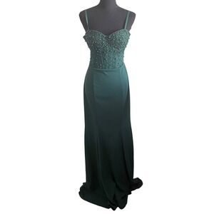 Fashion Nova Emerald Green Beaded Corset Maxi Dress XL Formal Cocktail Glam